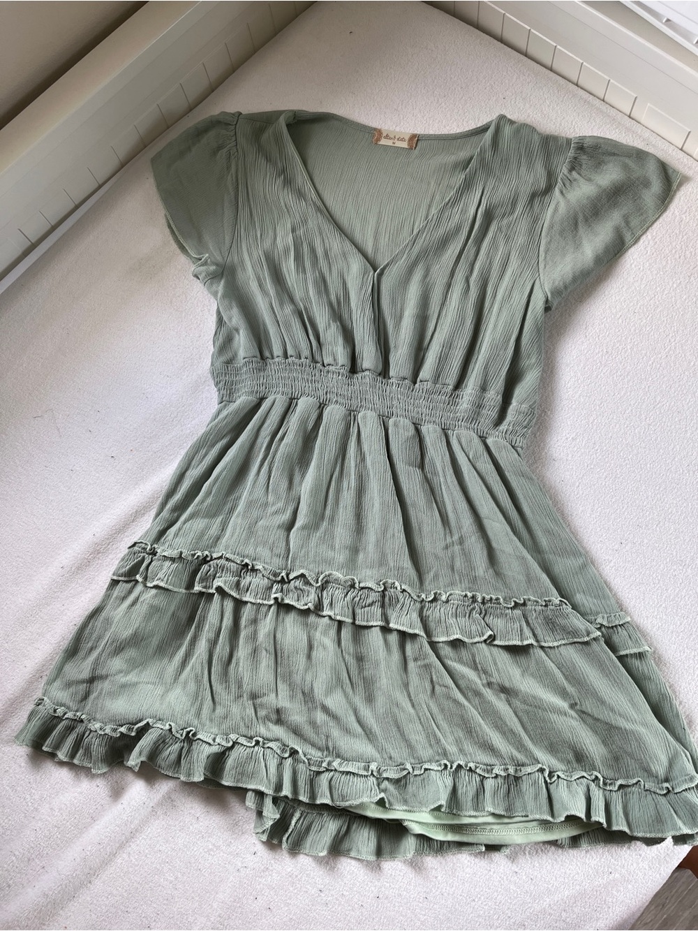 Altar'd State Sage Green V-Neck Smocked Waist Ruffle Mini Dress